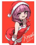  1girl 2024 @_@ absurdres bare_shoulders belt black_belt black_bow blunt_bangs blush bocchi_the_rock! bow braid braid_over_shoulder breasts candy candy_cane christmas cleavage collarbone commentary cowboy_shot dot_nose dress english_commentary food fur-trimmed_dress fur-trimmed_gloves fur-trimmed_headwear fur_trim ghuler gloves hair_bow hair_over_shoulder hat highres hiroi_kikuri holding long_hair looking_at_viewer nose_blush open_mouth purple_eyes purple_hair red_background red_dress red_gloves red_hat red_thighhighs santa_costume santa_dress santa_hat sharp_teeth simple_background single_braid small_breasts smile solo teeth thighhighs white_trim zettai_ryouiki 