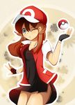  ;o baseball_cap beige_background black_dress black_gloves blue_(pokemon) blue_eyes blush brown_hair collarbone cosplay cowboy_shot dress fingerless_gloves gloves hat jacket long_hair looking_at_viewer no_pants one_eye_closed open_clothes open_jacket parted_lips poke_ball pokemon red_(pokemon) red_(pokemon)_(cosplay) red_hat red_jacket side_slit simple_background solo standing tareme thighs throwing vivivoovoo 