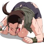 1girl all_fours ass bandages bike_shorts black_hair blood breasts brown_eyes brown_hair bruise cleavage commentary cuts deviantart_logo deviantart_username english_commentary highres injury inuzuka_hana jacket kiripetals large_breasts long_hair naruto_(series) naruto_shippuuden nipples no_bra one_eye_closed ponytail ryona scratches shorts solo top-down_bottom-up torn_clothes watermark white_background wince 