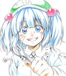  :d bad_id bad_pixiv_id bandaid bandaid_on_face blue_dress blue_eyes blue_hair bruise colored_eyelashes crayon_(medium) dress hair_between_eyes hair_ornament highres injury kawashiro_nitori long_sleeves looking_at_viewer nora_wanko open_mouth overexposure puffy_long_sleeves puffy_sleeves smile solo tools touhou traditional_media twintails two_side_up 