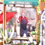  1boy :d ;d absurdres acrylic_stand_(medium) apron artist_name bad_id bad_pixiv_id barista black_apron blonde_hair blurry cafe collared_shirt cowboy_shot depth_of_field feet_out_of_frame hand_up highres holding holding_tray indoors kitamura_motoyasu looking_at_viewer male_focus messy_hair minami_seira official_artist_extra one_eye_closed open_mouth pants photo_(medium) red_eyes red_shirt shirt smile solo straight-on tate_no_yuusha_no_nariagari teeth three-quarter_sleeves tray twitter_username upper_teeth_only watermark waving white_pants 