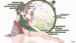  1girl absurdres black_dress breasts brown_hair chinese_clothes commentary dress egasumi girls_band_cry glasses highres iseri_nina jacket looking_at_viewer low_twintails medium_breasts open_clothes open_jacket qipao revision round_eyewear rraiden2_(szsv8382) short_hair solo thigh_strap tongue tongue_out twintails 