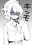  1girl absurdres belt beret buttons collared_shirt commentary cropped_jacket disgust double-breasted gradient_background green_eyes grey_background greyscale hair_ornament hand_up hat highres honi_(honi1010) indie_virtual_youtuber jacket long_sleeves looking_at_viewer monochrome neck_ribbon one_side_up open_mouth pleated_skirt pom_pom_(clothes) pom_pom_hair_ornament ribbon sailor_collar school_uniform shaded_face shigure_ui_(1st_costume)_(vtuber) shigure_ui_(vtuber) shirt short_hair simple_background skirt sleeves_past_wrists solo spot_color suspenders teeth translated untranslatable_commentary upper_body virtual_youtuber 