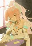  1girl absurdres aemeath_(wuthering_waves) ahoge bad_anatomy bad_hands bare_shoulders book breasts cleavage closed_mouth commentary_request elbow_gloves glitch gloves hair_ornament highres holding holding_pencil large_breasts long_hair looking_at_viewer one_eye_closed orange_eyes pencil pink_hair ponytail shun_shi_jing_xin_za smile solo white_gloves wuthering_waves 