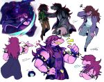  2018 anthro aoikuraut_(artist) blush bracelet clothed clothing deltarune digital_media_(artwork) female hair human jewelry kris_(deltarune) male mammal reptile scalie simple_background smile spiked_bracelet spikes susie_(deltarune) teeth video_games 