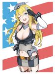  ;d american_flag blonde_hair blue_eyes breasts cleavage clothes_writing flag_background gloves hand_on_hip highres hisakata_renge iowa_(kantai_collection) kantai_collection large_breasts long_hair one_eye_closed open_mouth salute skirt smile solo star star-shaped_pupils symbol-shaped_pupils 