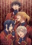  4boys alternate_costume amaki_ren artist_name bad_id bad_pixiv_id black_gloves black_hair blonde_hair blue_eyes buttons chocolate chocolate_on_hand closed_mouth double-breasted double-parted_bangs eating fingerless_gloves food_on_hand gloves green_eyes hair_between_eyes highres iwatani_naofumi jacket kawasumi_itsuki kitamura_motoyasu licking licking_finger licking_own_finger long_sleeves matching_outfits messy_hair minami_seira multiple_boys official_artist_extra open_mouth red_eyes red_jacket short_hair straight_hair tate_no_yuusha_no_nariagari teeth tongue tongue_out twitter_username upper_body upper_teeth_only watermark yellow_trim 