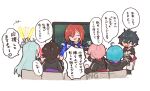  6+girls ahoge aqua_hair arm_up asymmetrical_sidelocks black_hair blue_hair clenched_teeth commentary_request drawstring ensemble_stars! glowstick hand_up headset heterochromia hibiki_wataru holding holding_glowstick hood hood_down hooded_jacket itsuki_shu jacket kagehira_mika long_hair long_sleeves male_focus mlynar_(arknights) multicolored_hair multiple_girls one_eye_closed open_mouth orange_eyes penlight_(glowstick) pink_hair pointing red_hair sakasaki_natsume sakuma_rei_(ensemble_stars!) shinkai_kanata short_hair sidelocks simple_background speech_bubble streaked_hair teeth the_oddballs_(ensemble_stars!) translation_request two-tone_hair valkyrie_(ensemble_stars!) watermark white_background white_hair yellow_eyes z_(yofukashigenkin) 