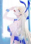  1girl animal_ears blonde_hair blue_archive blue_bow blue_bowtie blue_eyes blue_halo bow bowtie breasts cherry commentary_request earpiece food from_side fruit hair_bow halo highres holding holding_food holding_fruit korean_commentary licking_food looking_at_viewer multicolored_hair playboy_bunny rabbit_ears solo streaked_hair toki_(blue_archive) toki_(bunny)_(blue_archive) tongue tongue_out tukan_(af2345) white_wrist_cuffs wrist_cuffs 