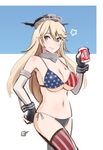  alcohol american_flag_bikini beer beer_can bikini blonde_hair breasts budweiser can detached_sleeves flag_print gloves hasegawa_keita iowa_(kantai_collection) kantai_collection large_breasts long_hair product_placement solo swimsuit thighhighs yellow_eyes 