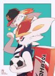  1other :d animal_ears aqua_background bag ball baseball_cap black_hat blue_fur border bright_pupils buck_teeth chikafuji cinderace closed_eyes commentary_request furry hat highres looking_at_another multicolored_fur open_mouth pokemon pokemon_(creature) rabbit_ears red_bag red_eyes red_fur red_hair scorbunny short_hair simple_background smile soccer_ball standing star_(symbol) teeth upper_body white_border white_fur white_pupils 