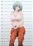  1girl akino_(gokosei) bare_arms bare_shoulders bob_cut bound breasts closed_mouth clothes_around_waist collarbone commentary_request commission covered_nipples crop_top cuffs dead_or_alive double-parted_bangs green_eyes green_hair hair_between_eyes handcuffs head_tilt height_mark highres index_finger_raised jumpsuit jumpsuit_around_waist large_breasts legs_apart light_blush looking_at_viewer midriff mole mole_under_eye mugshot multicolored_hair navel orange_jumpsuit panties pink_streaks pixiv_commission prison_clothes short_hair smile solo standing streaked_hair tamaki_(doa) tank_top two-tone_hair underwear upper_body white_panties white_tank_top 