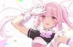  1girl aogiri_koukou asymmetrical_gloves black_shirt blush bow bowtie bra braid braided_twintails center-flap_bangs chiyoura_chiyomi commentary confetti detached_collar double-parted_bangs dress elbow_gloves frilled_sash gloves gorirasaru440 hand_up highres long_hair looking_at_viewer open_bra open_mouth pink_bow pink_bowtie pink_dress pink_eyes pink_hair sash shirt shirt_under_dress shoulder_sash single_elbow_glove single_sleeve smile solo strapless strapless_dress twintails underwear uneven_gloves upper_body very_long_hair virtual_youtuber white_gloves 