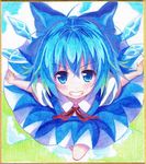  blue_dress blue_eyes blue_hair bow cirno dress graphite_(medium) grin hair_bow ice ice_wings kittona looking_at_viewer millipen_(medium) outstretched_arms shikishi smile solo touhou traditional_media watercolor_pencil_(medium) wings 