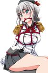  bdsm blue_eyes blush bondage bound bound_wrists breasts buttons cleave_gag cloth_gag crotch_rope epaulettes eyebrows_visible_through_hair gag gagged gloves highres improvised_gag kantai_collection kashima_(kantai_collection) kerchief large_breasts matsunaga_kouyou military military_uniform miniskirt open_mouth red_ribbon ribbon shibari shibari_over_clothes sidelocks silver_hair skirt solo twintails uniform wavy_hair white_gloves 