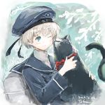  animal blue_eyes cat clothes_writing dress hat holding holding_animal kantai_collection one_eye_closed sailor_dress sailor_hat short_hair silver_hair smile toka_(marchlizard) unsinkable_sam z1_leberecht_maass_(kantai_collection) 