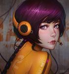  artist_name blue_eyes blush bodysuit closed_mouth eyeshadow from_side guweiz headphones headset hexagon honeycomb_(pattern) honeycomb_print light_smile lips looking_at_viewer looking_to_the_side makeup orange_bodysuit purple_hair realistic short_hair solo wall 