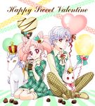  1girl argyle balloon bishoujo_senshi_sailor_moon boots bow brown_bow brown_pants chibi_usa chocolate crossed_ankles crown double_bun green_bow green_footwear green_skirt hair_bow hair_ornament happy_valentine heart heart_balloon heart_hair_ornament helios_(sailor_moon) horse indian_style knee_boots knees_up matching_outfit pants pegasus_(sailor_moon) pink_hair plaid plaid_pants plaid_skirt polka_dot polka_dot_bow red_eyes sarashina_kau short_hair side-by-side sitting skirt smile stuffed_animal stuffed_bunny stuffed_toy sweater_vest twintails valentine wariza white_bow white_hair yellow_eyes 