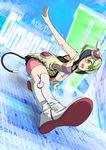  abstract_background android bike_shorts blush boots copyright_name dimension_w dress green_eyes green_hair happy headgear highres looking_at_viewer multicolored_hair nekota_susumu open_mouth short_hair smile solo streaked_hair tail thigh_boots thighhighs two-tone_hair white_legwear yurizaki_mira 