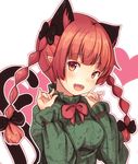  animal_ears bad_id bad_twitter_id blush braid cat_ears cat_tail fangs heart kaenbyou_rin oimo_(imoyoukan) red_eyes red_hair solo tail touhou twin_braids 