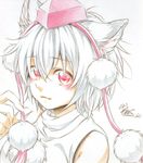  animal_ears bad_id bad_pixiv_id bare_shoulders blush detached_sleeves hat highres inubashiri_momiji looking_at_viewer nora_wanko pom_pom_(clothes) red_eyes short_hair signature silver_hair simple_background solo tokin_hat touhou traditional_media white_background wide_sleeves wolf_ears 