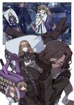  1girl 2boys absurdres backpack badge bag black_bag blush brown_gloves brown_hair catherine_(project_moon) chain character_badge character_doll_in_itabag convention_hall cowboy_shot dakimakura_(object) dark-skinned_male dark_skin erlking_heathcliff_(project_moon) glasses gloves grey_scarf heathcliff_(project_moon) highres holding_hands hoo9q9 itabag limbus_company multiple_boys open_mouth oshikatsu perfect_blue pillow project_moon purple_bag purple_eyes scarf scene_reference smile tokyo_game_show twintails 