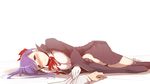  bb_(fate)_(all) bb_(fate/extra_ccc) black_legwear blush breasts commentary_request fate/extra fate/extra_ccc fate_(series) hair_ribbon kurikara lace lace-trimmed_thighhighs long_hair lying medium_breasts on_side purple_eyes purple_hair ribbon skirt solo thighhighs twitter_username 