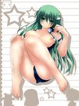  absurdres ass bare_legs barefoot blush breasts breasts_outside closed_mouth collarbone eyebrows eyebrows_visible_through_hair frog_hair_ornament full_body green_eyes green_hair hair_ornament hair_tubes hand_on_own_knee highres knees_together_feet_apart knees_up kochiya_sanae large_breasts long_hair ngirln4 nipples off_shoulder school_swimsuit silhouette simple_background smile snake_hair_ornament solo star strap_slip swimsuit tareme thighs toes touhou very_long_hair white_background 