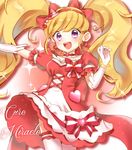  :d asahina_mirai blonde_hair bow character_name choker cowboy_shot cure_miracle domin_(ichima) dress earrings elbow_gloves gloves hair_bow hat heart heart_earrings highres jewelry long_hair looking_at_viewer magical_girl mahou_girls_precure! mini_hat mini_witch_hat open_mouth pink_hat precure purple_eyes red_bow ruby_style skirt smile solo striped striped_bow thighhighs twintails white_gloves white_legwear witch_hat 