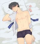  1boy abs bed black_hair blush bulge character_request condom condom_packet_strip condom_wrapper looking_at_viewer male_focus muscle necktie pecs pillow pov school_uniform solo student tennis_no_ouji-sama underwear undressing watari_(ccs_solid) 