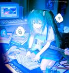  ? aqua_eyes aqua_hair aqua_nails aqua_trim black_skirt book bowl bracelet can chopsticks closed_mouth computer computer_keyboard dot_nose drink_can fingernails folder guitar hatsune_miku highres indoors instrument jewelry keyboard_(instrument) kneeling long_hair musical_note nail_polish ofuronu pleated_skirt poster_(object) sheet_music shirt skirt soda_can speaker spoken_question_mark spoken_squiggle squiggle sweatdrop t-shirt translated twintails very_long_hair vocaloid white_shirt 