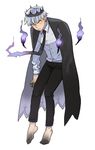  bad_id bad_twitter_id barefoot black_neckwear cdov34 chandelure crown dirty_feet fire full_body gen_5_pokemon lavender_hair looking_at_viewer male_focus necktie personification pokemon simple_background solo white_background yellow_eyes 