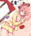  blush bow box breasts cleavage curtains gift hair_bow heart-shaped_box hood hoodie idolmaster idolmaster_cinderella_girls jiino jougasaki_mika looking_at_viewer loungewear lying medium_breasts nail_polish nail_polish_bottle on_side pink_hair shorts smile solo striped striped_bow stuffed_animal stuffed_panda stuffed_toy window yellow_eyes 