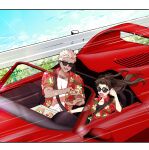  1boy 1girl archer_(fate) black_ribbon brown_hair car commentary_request dark-skinned_male dark_skin driving fate/stay_night fate_(series) floating_hair floral_print floral_print_shirt food hair_ribbon hawaiian_shirt highres holding holding_food holding_pizza long_hair motor_vehicle offering_food open_mouth pizza pizza_slice print_shirt red_car red_shirt redmin_0415 ribbon shirt short_sleeves sunglasses tohsaka_rin white_hair 