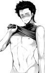  1boy abs ace_of_diamond blush funkasiahq looking_at_viewer monochrome muscle naughty_face nipples pecs sanada_shunpei simple_background solo undressing 