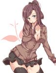  black_legwear breasts brown_hair cardigan cleavage finger_to_mouth green_eyes jiino large_breasts long_hair looking_at_viewer skirt smile solo sweater thighhighs ushiki_tokura yumekuri 