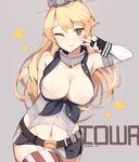  blonde_hair breasts cleavage garter_straps hona_(pixiv7939518) iowa_(kantai_collection) kantai_collection large_breasts long_hair smile solo star star-shaped_pupils symbol-shaped_pupils thighhighs 