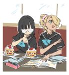  2girls :d aqua_bow black_hair black_shirt blonde_hair blue_sailor_collar book border bow cake cake_slice closed_mouth commentary commission dot_mouth dot_nose english_commentary eraser eudetenis food fork fruit glasses hair_ornament hair_over_one_eye hair_scrunchie highres homework indoors mechanical_pencil medium_hair momoka_(pretzelfan) multiple_girls notebook one_eye_covered opaque_glasses open_book open_mouth original pencil pencil_case pink_scrunchie plate polka_dot polka_dot_scrunchie pov_across_table reika_(pretzelfan) sailor_collar sailor_shirt school_uniform scrunchie second-party_source shirt short_sleeves side_ponytail sitting sketch slice_of_life smile strawberry white_border yellow_eyes 