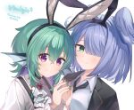  2girls animal_ear_hairband animal_ears aqua_eyes aqua_hair aqua_nails ascot black_hairband black_jacket black_necktie black_overalls blue_hair brooch closed_mouth collared_shirt colored_inner_hair elira_pendora fake_animal_ears finana_ryugu fins hair_over_one_eye hairband head_fins head_wings highres jacket jewelry lazulight long_sleeves multicolored_hair multiple_girls nail_polish necktie nijisanji nijisanji_en overalls purple_eyes purple_hair rabbit_ear_hairband rabbit_ears shirt short_hair simple_background twitter_username upper_body usari_sk virtual_youtuber white_ascot white_background white_shirt wings 