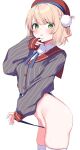  1girl ass black_panties blonde_hair clothes_pull commentary_request cowboy_shot green_eyes hat highleg highleg_panties highres indie_virtual_youtuber looking_at_viewer medium_hair no_pants onibi_(will_o_wisp24) panties panty_pull shigure_ui_(1st_costume)_(vtuber) shigure_ui_(vtuber) simple_background solo thighhighs underwear upper_body virtual_youtuber white_background 