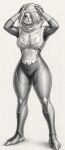  1girl absurdres ai-generated armor bandaged_arm bandages benjaminlong bodysuit breasts commentary covered_mouth english_commentary full_body greyscale hair_over_one_eye hands_on_own_head highres japanese_armor jewelry kote large_breasts looking_at_viewer medium_hair monochrome multiple_rings ring sheik sheikah simple_background solo standing the_legend_of_zelda the_legend_of_zelda:_ocarina_of_time thick_thighs thighs torn_clothes turban white_background 