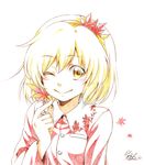  aki_shizuha bad_id bad_pixiv_id blonde_hair crayon_(medium) dress hair_between_eyes hair_ornament hairband highres leaf leaf_hair_ornament looking_at_viewer maple_leaf nora_wanko one_eye_closed red_dress short_hair simple_background smile solo touhou traditional_media yellow_eyes 