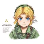  1boy adversarial_noise artist_name belt blonde_hair blue_eyes brown_belt chest_belt collared_tunic commentary_request curtained_hair dated expressionless floating_hair green_tunic highres kusanagi_keiko light_blush link looking_at_viewer male_focus phrygian_cap pointy_ears portrait short_hair sidelocks signature simple_background solo straight-on the_legend_of_zelda the_legend_of_zelda:_ocarina_of_time the_legend_of_zelda:_ocarina_of_time_(remake) thick_eyebrows triforce tunic twitter_username v-shaped_eyebrows white_background young_link 