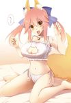  :d animal_ears bell bell_choker blush bow breasts cat_lingerie choker cleavage cleavage_cutout commentary_request fang fate/extra fate_(series) fox_ears fox_tail hair_bow hair_ribbon jingle_bell kurikara large_breasts looking_at_viewer meme_attire navel on_bed open_mouth panties paw_pose pink_hair ribbon side-tie_panties sitting smile solo tail tamamo_(fate)_(all) tamamo_no_mae_(fate) twintails underwear wariza white_panties yellow_eyes 
