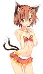  animal_ears bare_shoulders bikini blush blush_stickers bow brown_hair cat_ears cat_tail chen earrings hair_ornament hairclip hands_up highres jewelry looking_at_viewer maturiuta_sorato midriff multiple_tails navel nekomata no_hat no_headwear red_bikini red_eyes short_hair simple_background single_earring solo standing stomach swimsuit tail touhou two_tails white_background 