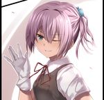  blue_eyes gloves kantai_collection long_hair neck_ribbon one_eye_closed pink_hair ponytail red_neckwear red_ribbon ribbon shiranui_(kantai_collection) smile solo tai_(nazutai) uniform upper_body vest white_gloves 