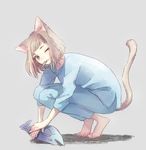  :3 animal_ears barefoot brown_eyes brown_hair cako_asida cat_ears cat_tail eyelashes fish full_body long_sleeves mouth_hold one_eye_closed original pants shadow short_hair simple_background smile solo squatting tail tiptoes 