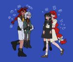  4girls ahoge asticassia_school_uniform black_hair blue_background braid carrying carrying_person commentary_request crossover doodle_inset dress expressionless grey_hair gundam gundam_suisei_no_majo headband highres holding jacket korean_commentary lara_(sayonara_lara) long_hair looking_at_another low-tied_long_hair miorine_rembran multiple_girls necktie ootsu_mari pants potatojmtjmt red_hair sayonara_lara school_uniform serafuku shoes single_braid smile socks suletta_mercury very_long_hair yuri 