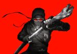  1boy absurdres aokicyber artist_name bandana black_bandana black_gloves black_nails colored_skin commentary covered_face english_commentary facing_viewer gloves goggles grey_skin hank_j._wimbleton highres holding holding_sword holding_weapon kagurabachi kagurabachi_pose_(meme) madness_combat male_focus mask meme mouth_mask red_background sheath simple_background solo sparkle sword tactical_clothes unsheathing upper_body weapon 