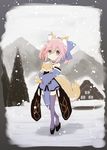  animal_ears bare_shoulders blue_legwear chibi commentary_request detached_sleeves fate/extra fate_(series) fox fox_ears fox_tail hair_ribbon japanese_clothes kurikara looking_at_viewer pink_hair ribbon snowing solo tail tamamo_(fate)_(all) tamamo_no_mae_(fate) thighhighs yellow_eyes 